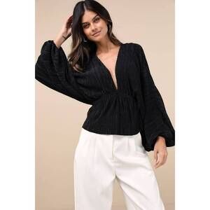 Lulus Radiant Flirt Black Satin Plisse Long Sleeve Top - Size M